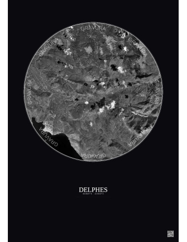 Affiche Delphes – Poster vue satellite 10km N&B | Gravura – Fond foncé