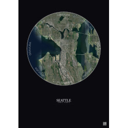 Affiche Seattle – Poster vue satellite 10km Couleur | Gravura – Fond foncé
