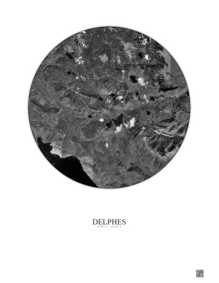 Affiche Delphes – Poster vue satellite 10km N&B | Gravura – Fond clair