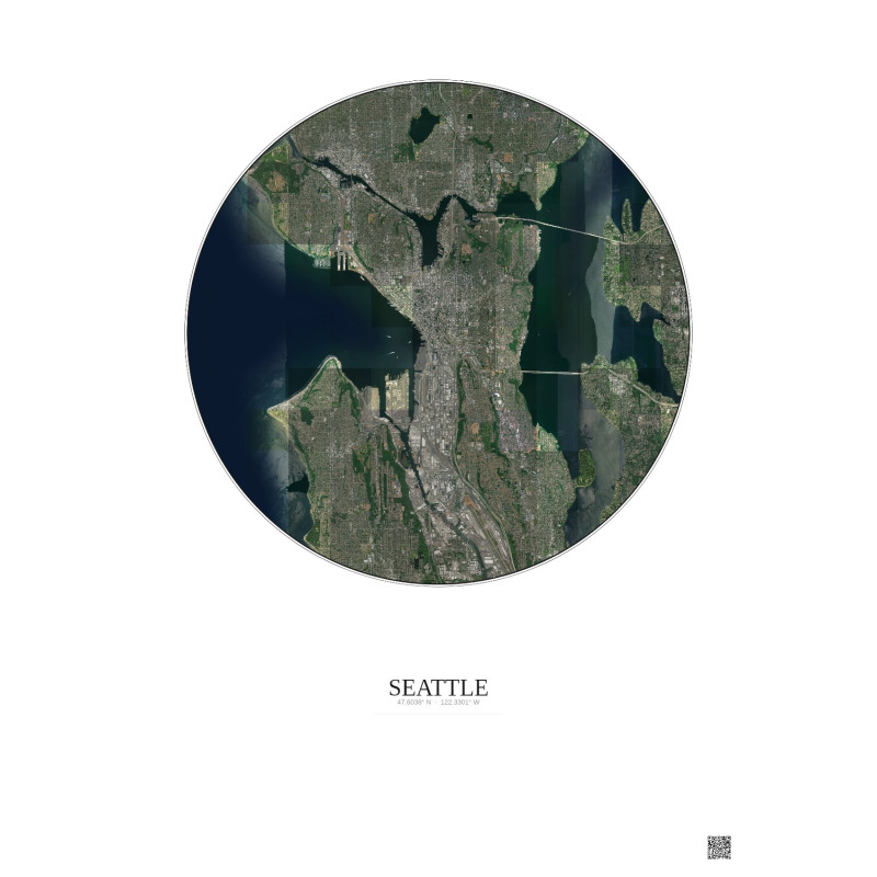Affiche Seattle – Poster vue satellite 10km Couleur | Gravura – Fond clair