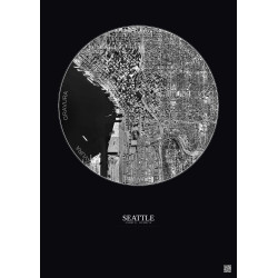 Affiche Seattle – Poster vue satellite 2.5km N&B | Gravura – Fond foncé