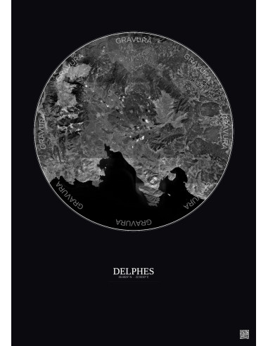 Affiche Delphes – Poster vue satellite 30km N&B | Gravura – Fond foncé