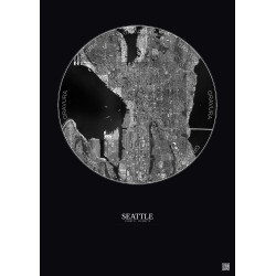 Affiche Seattle – Poster vue satellite 5km N&B | Gravura – Fond foncé