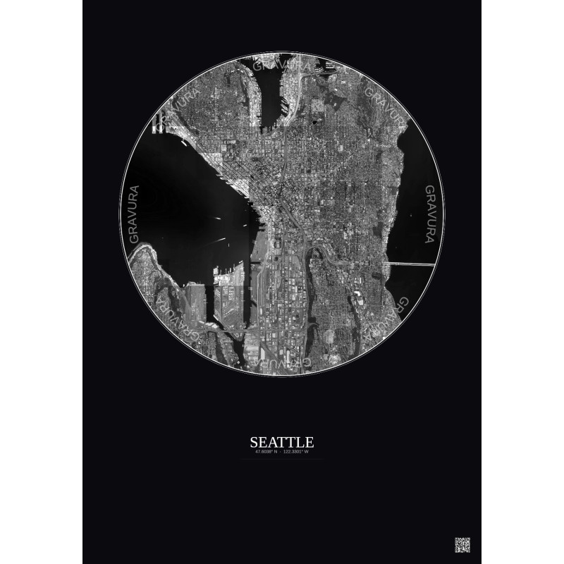 Affiche Seattle – Poster vue satellite 5km N&B | Gravura – Fond foncé