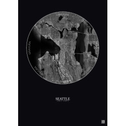 Affiche Seattle – Poster vue satellite 10km N&B | Gravura – Fond foncé