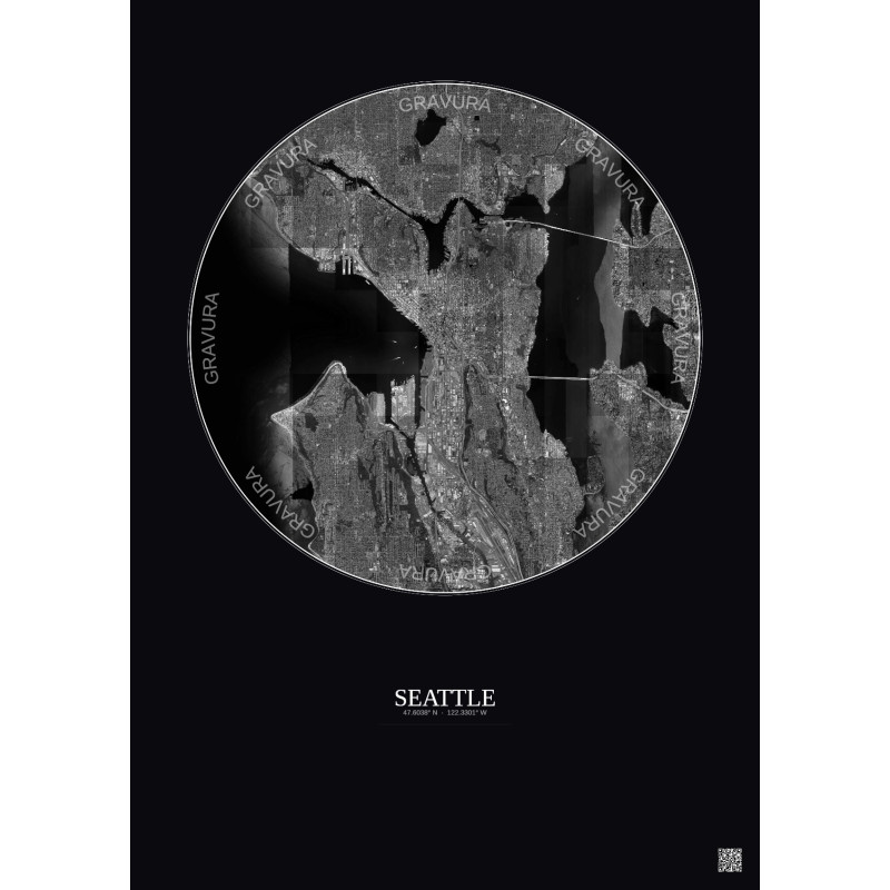 Affiche Seattle – Poster vue satellite 10km N&B | Gravura – Fond foncé