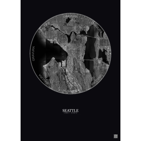 Affiche Seattle – Poster vue satellite 10km N&B | Gravura – Fond foncé