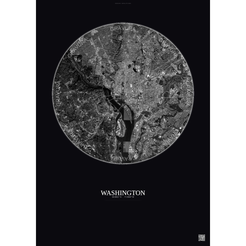 Affiche Washington – Poster vue satellite 10km N&B | Gravura – Fond foncé
