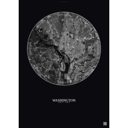 Affiche Washington – Poster vue satellite 10km N&B | Gravura – Fond foncé