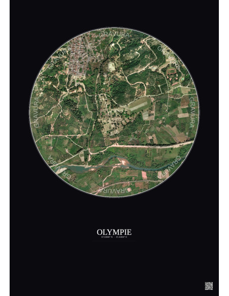 Affiche Olympie – Poster vue satellite 1km Couleur | Gravura – Fond foncé