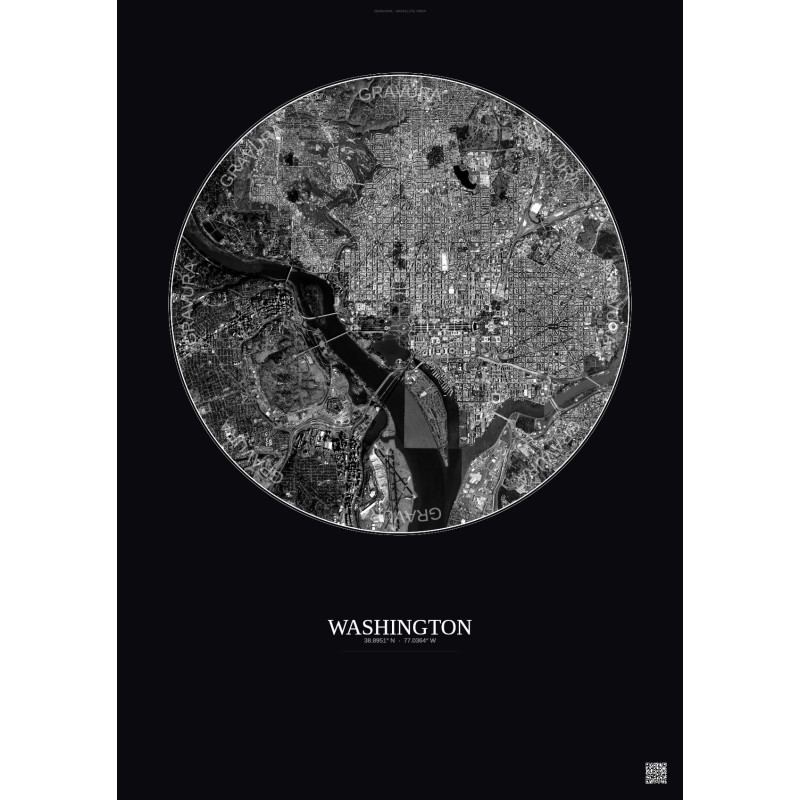 Affiche Washington – Poster vue satellite 6km N&B | Gravura – Fond foncé