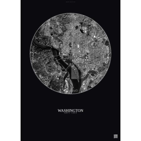 Affiche Washington – Poster vue satellite 6km N&B | Gravura – Fond foncé