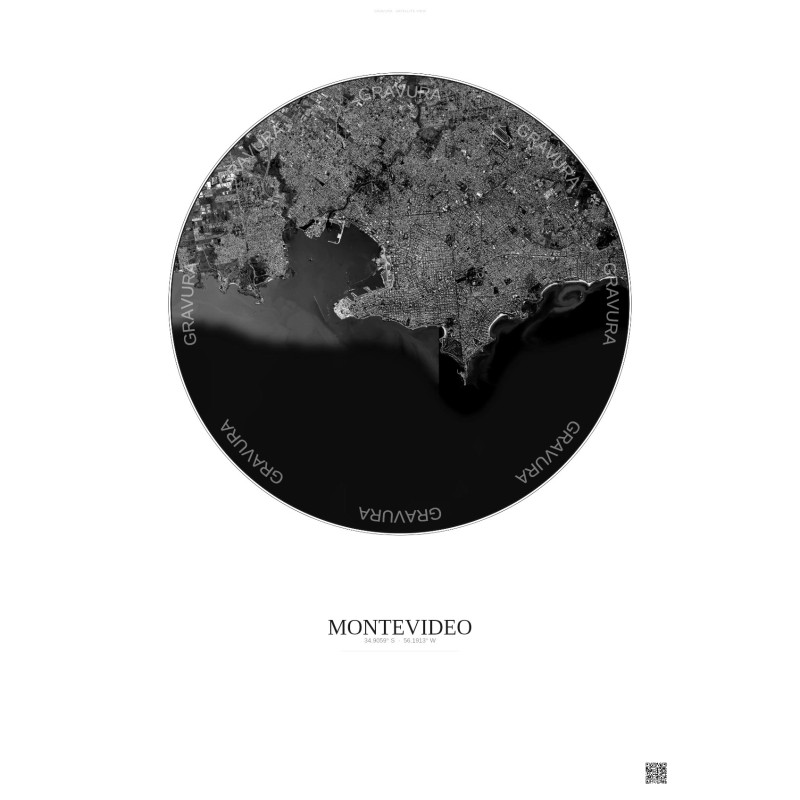 Affiche Montevideo – Poster vue satellite 10km N&B | Gravura – Fond clair