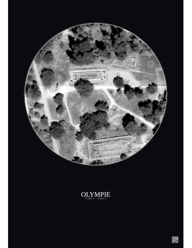 Affiche Olympie – Poster vue satellite 0.1km N&B | Gravura – Fond foncé