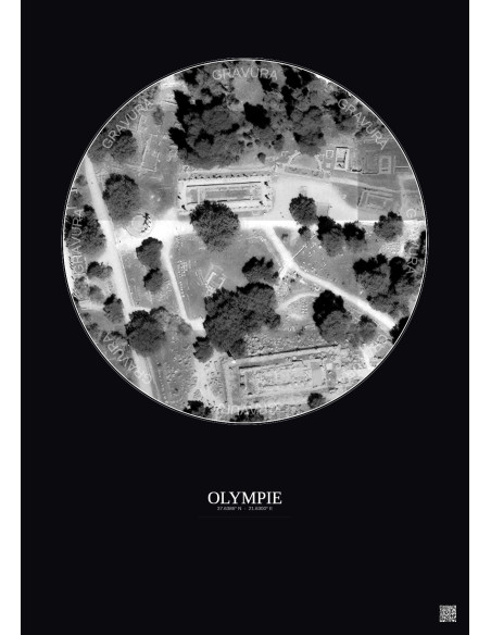 Affiche Olympie – Poster vue satellite 0.1km N&B | Gravura – Fond foncé