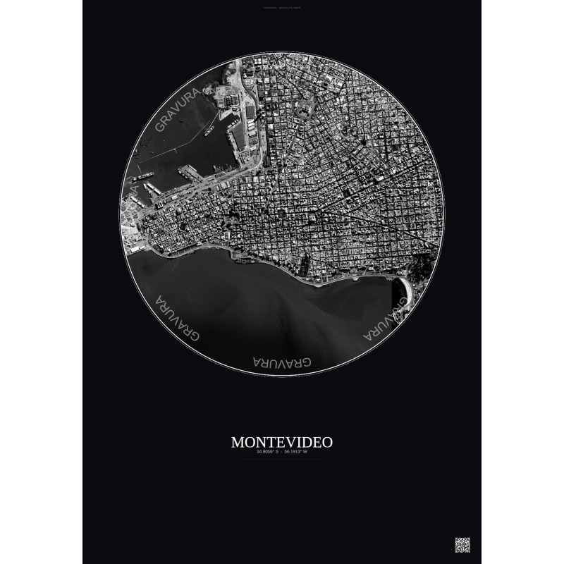 Affiche Montevideo – Poster vue satellite 2.5km N&B | Gravura – Fond foncé