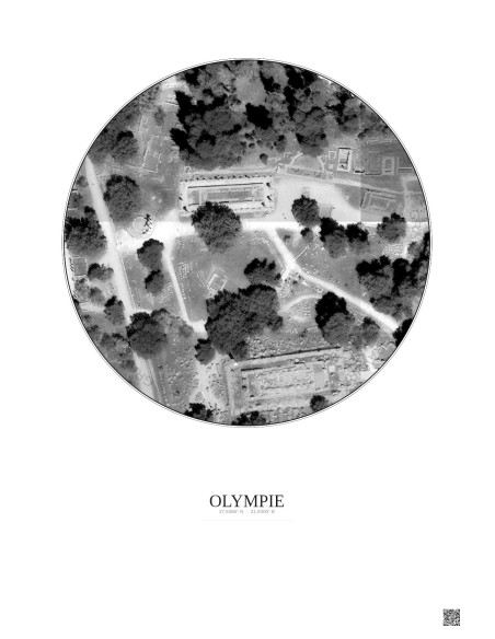 Affiche Olympie – Poster vue satellite 0.1km N&B | Gravura – Fond clair