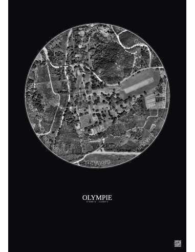 Affiche Olympie – Poster vue satellite 0.5km N&B | Gravura – Fond foncé