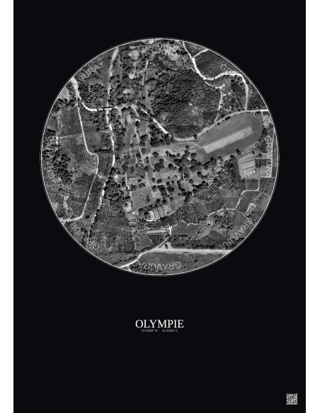 Affiche Olympie – Poster vue satellite 0.5km N&B | Gravura – Fond foncé