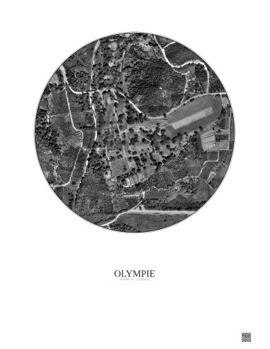 Affiche Olympie – Poster vue satellite 0.5km N&B | Gravura – Fond clair