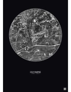 Affiche Olympie – Poster vue satellite 1km N&B | Gravura – Fond foncé