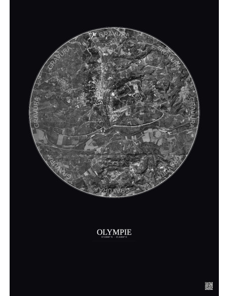 Affiche Olympie – Poster vue satellite 2.5km N&B | Gravura – Fond foncé