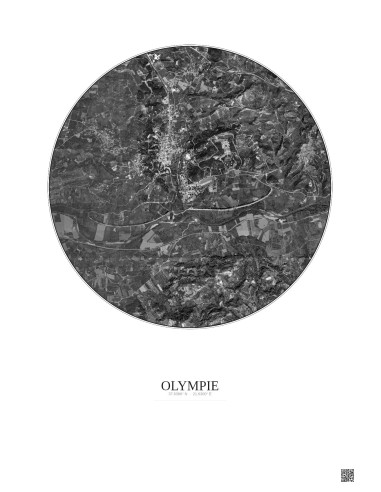 Affiche Olympie – Poster vue satellite 2.5km N&B | Gravura – Fond clair