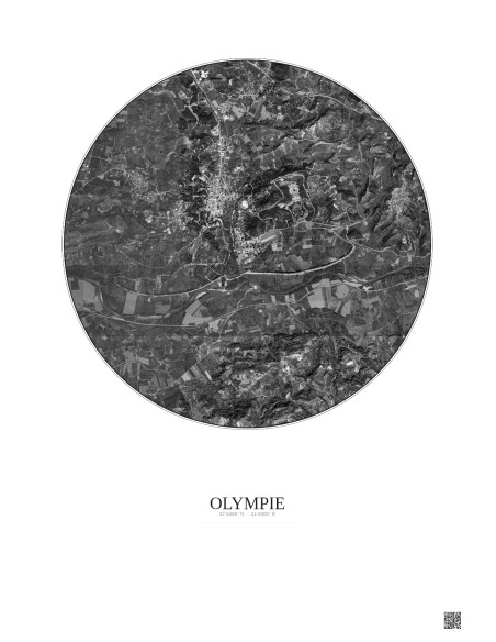 Affiche Olympie – Poster vue satellite 2.5km N&B | Gravura – Fond clair