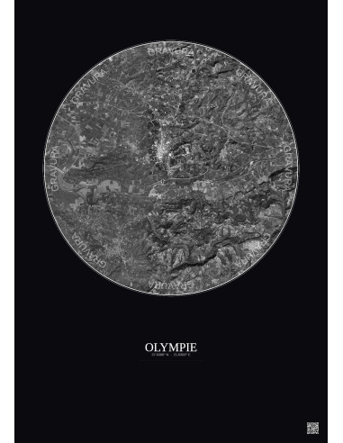 Affiche Olympie – Poster vue satellite 5km N&B | Gravura – Fond foncé
