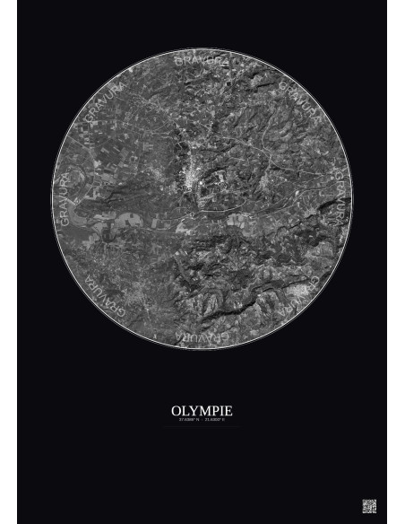 Affiche Olympie – Poster vue satellite 5km N&B | Gravura – Fond foncé