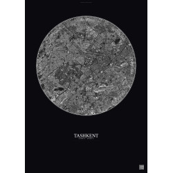Affiche Tashkent – Poster vue satellite 10km N&B | Gravura – Fond foncé