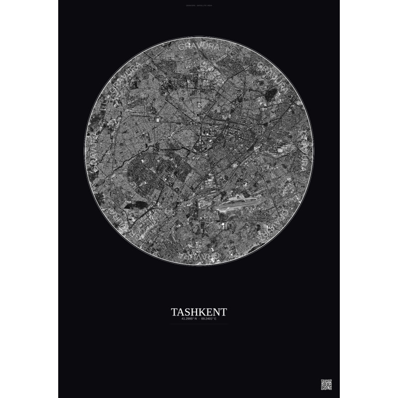 Affiche Tashkent – Poster vue satellite 10km N&B | Gravura – Fond foncé