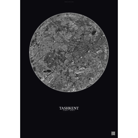 Affiche Tashkent – Poster vue satellite 10km N&B | Gravura – Fond foncé