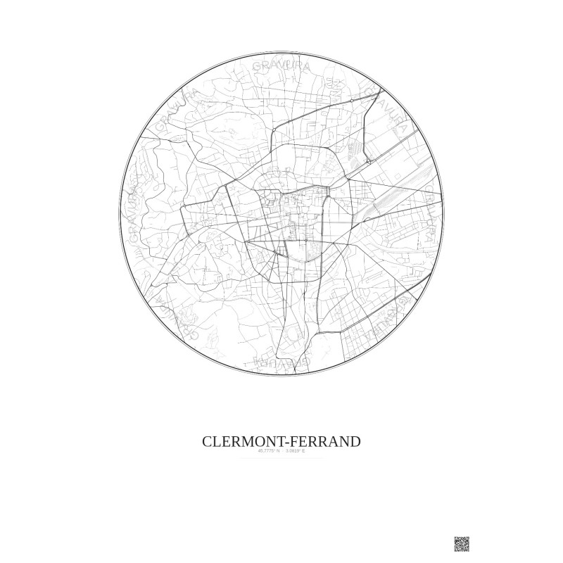 Affiche Clermont Ferrand – Poster carte de ville 2.5km | Gravura – Fond clair