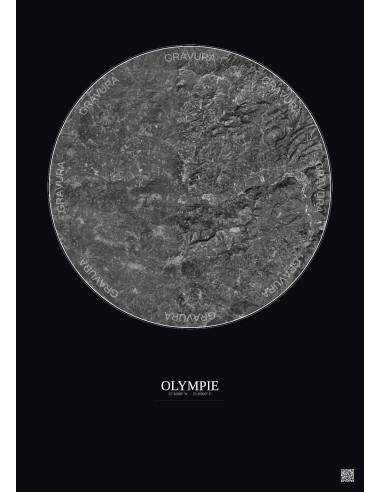Affiche Olympie – Poster vue satellite 10km N&B | Gravura – Fond foncé