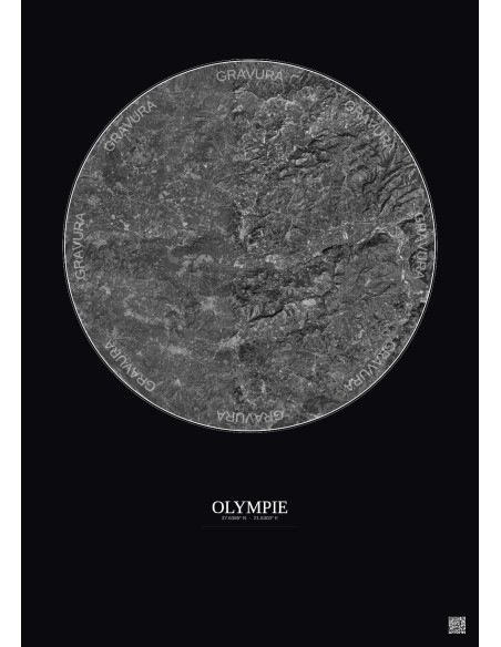 Affiche Olympie – Poster vue satellite 10km N&B | Gravura – Fond foncé
