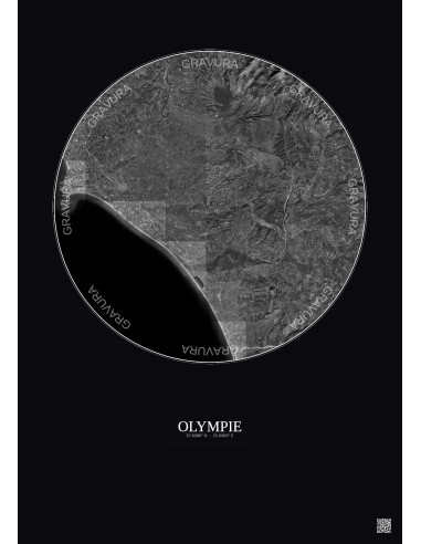 Affiche Olympie – Poster vue satellite 30km N&B | Gravura – Fond foncé