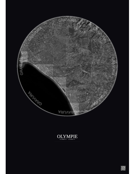 Affiche Olympie – Poster vue satellite 30km N&B | Gravura – Fond foncé