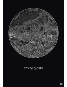 Affiche City Of Zagreb – Poster vue satellite 10km N&B | Gravura – Fond foncé
