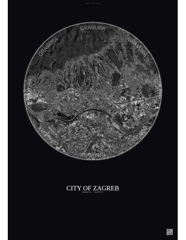 Affiche City Of Zagreb – Poster vue satellite 10km N&B | Gravura – Fond foncé