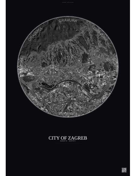 Affiche City Of Zagreb – Poster vue satellite 10km N&B | Gravura – Fond foncé