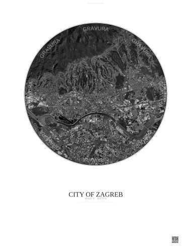 City Of Zagreb Satellite View Poster 10km B&W | Gravura – Light background