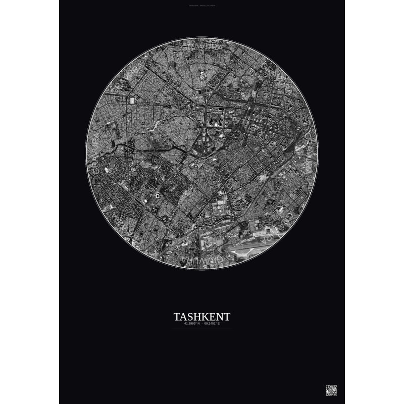 Affiche Tashkent – Poster vue satellite 6km N&B | Gravura – Fond foncé