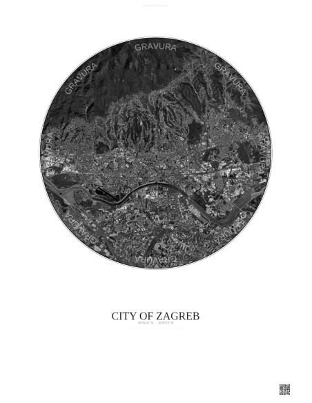 City Of Zagreb Satellite View Poster 10km B&W | Gravura – Light background