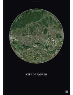 Affiche City Of Zagreb – Poster vue satellite 10km Couleur | Gravura – Fond foncé