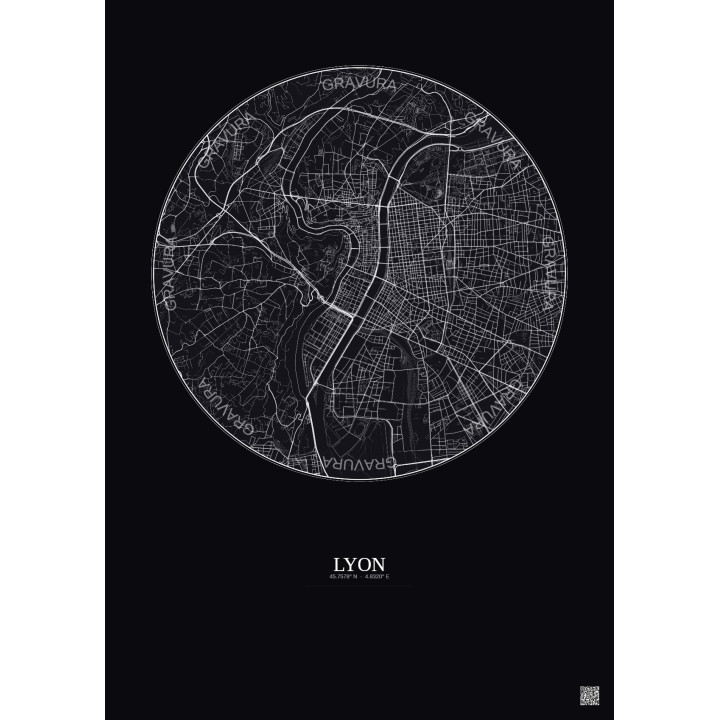 Affiche Lyon – Poster carte de ville 5km | Gravura – Fond foncé