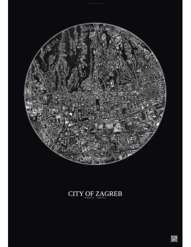 Affiche City Of Zagreb – Poster vue satellite 2.5km N&B | Gravura – Fond foncé