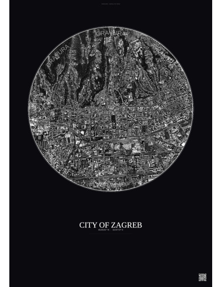 Affiche City Of Zagreb – Poster vue satellite 2.5km N&B | Gravura – Fond foncé