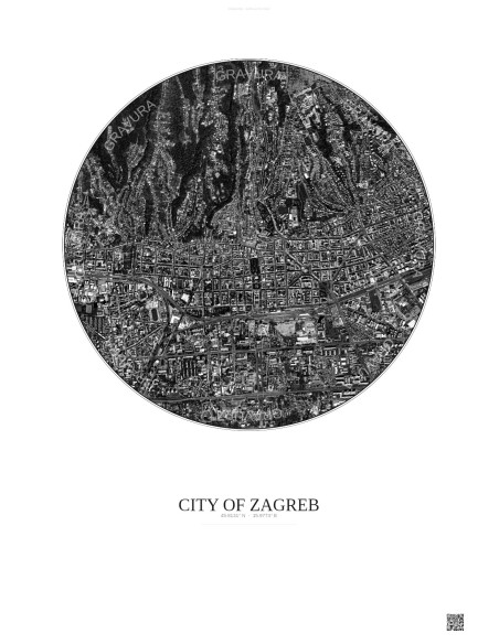 City Of Zagreb Satellite View Poster 2.5km B&W | Gravura – Light background