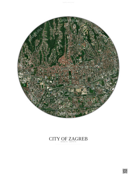 Affiche City Of Zagreb – Poster vue satellite 2.5km Couleur | Gravura – Fond clair